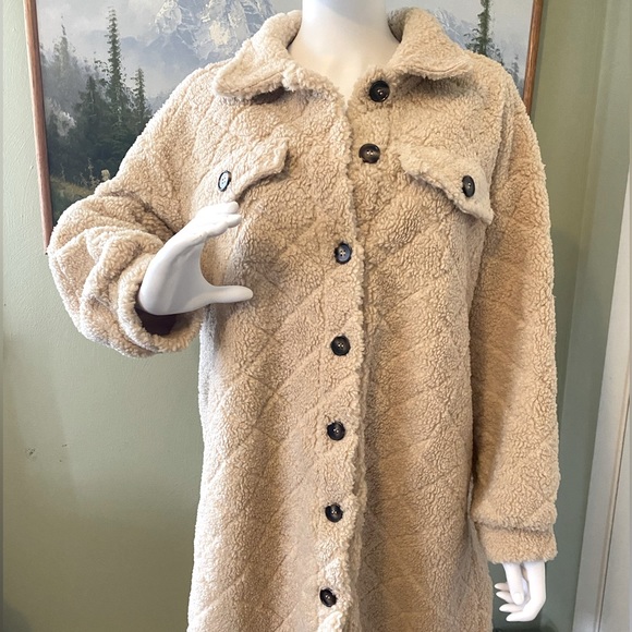 New Flap Detail Drop Shoulder Teddy Coat Shacket Button Down Long Sleeve Warm - Picture 13 of 16